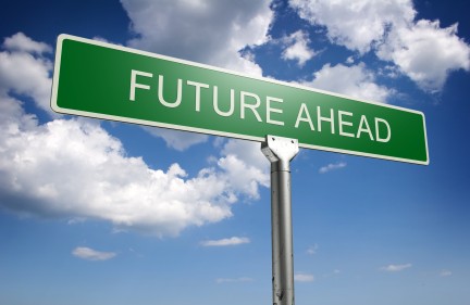 photorealistic 3d sky-high future ahead street sign