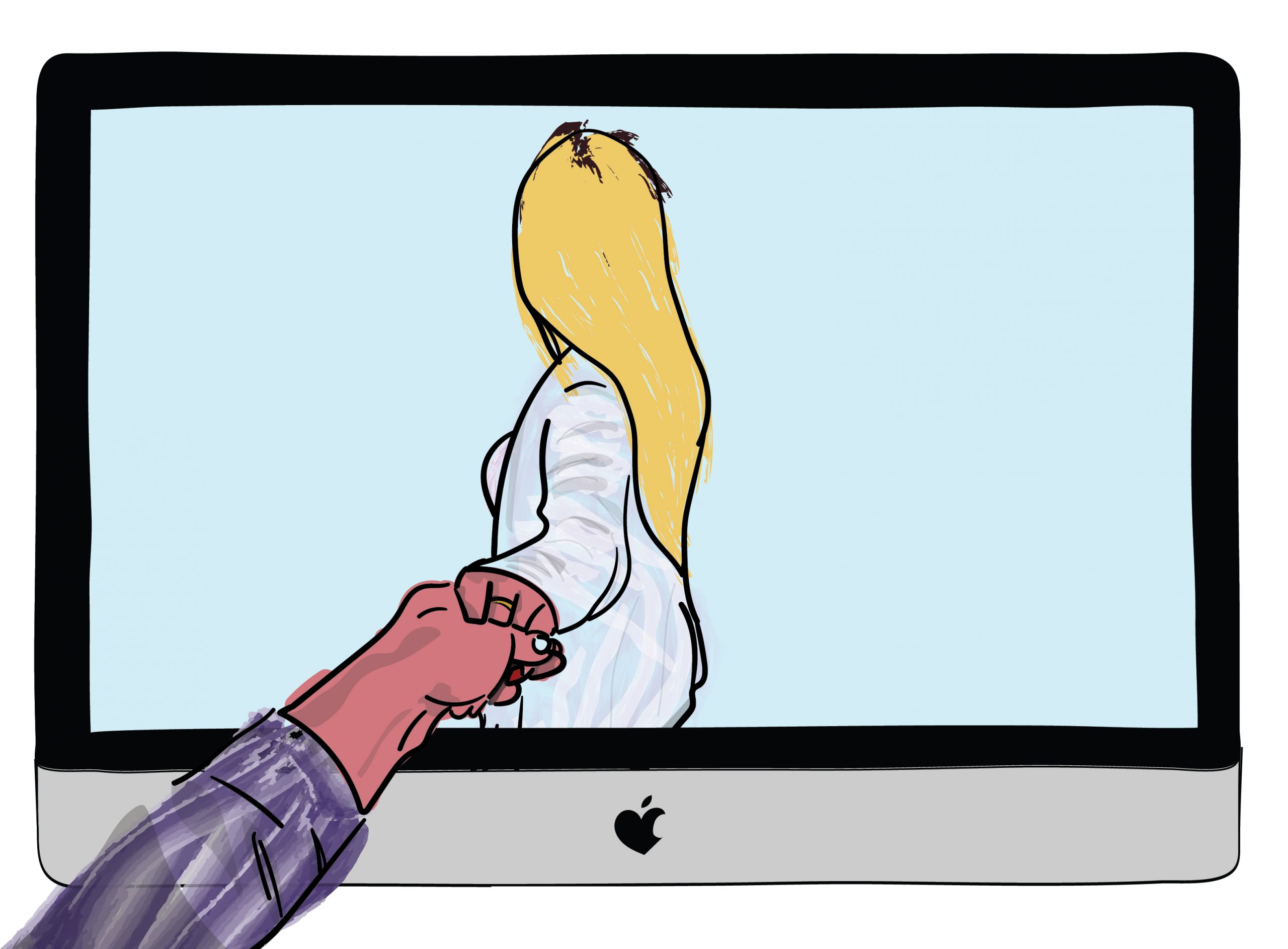 זוג מחזיק ידיים דרך מסך מחשב
