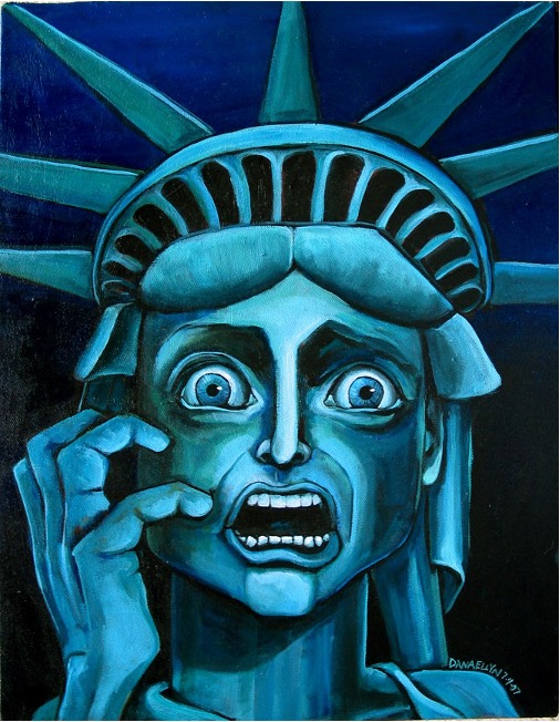 A frightening and threatening spotlight on the American dream. "Paranoia is patriotic". Ellyn's painting. 